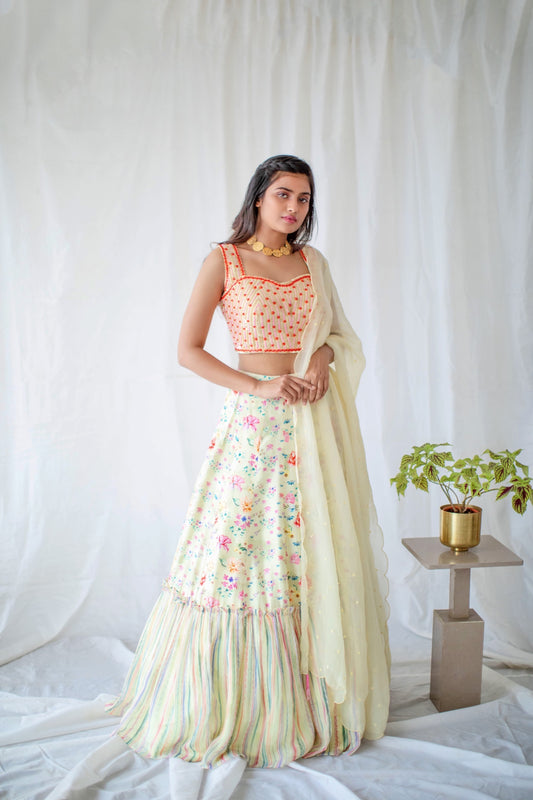Yellow floral hand embroidered  lehenga